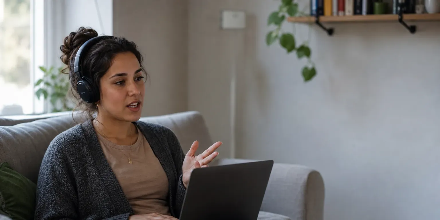 A tester at home, relaxing on a sofa with a laptop and headphones while doing a study on their own time.