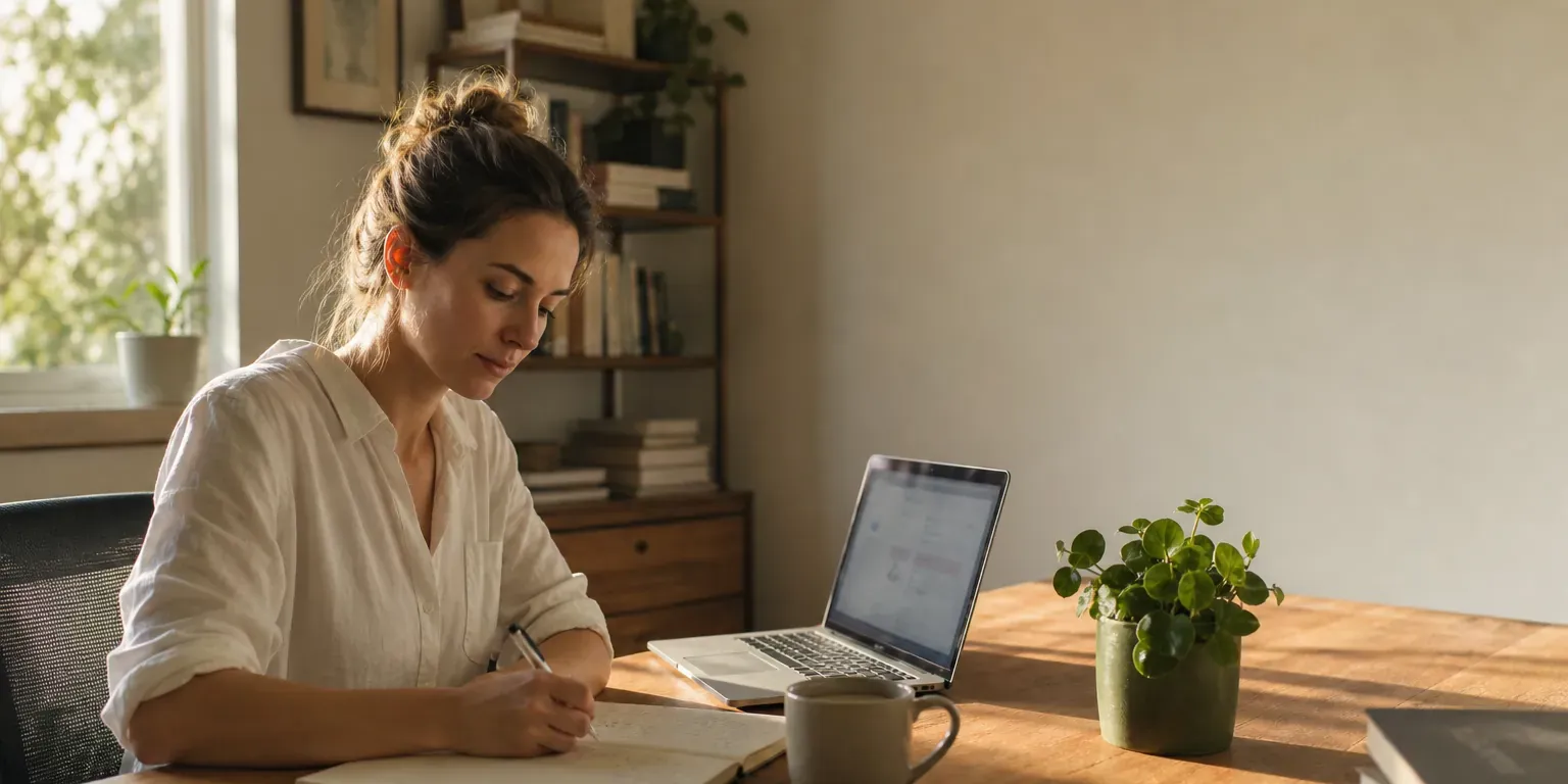 A researcher working calmly alongside the agent at a sunlit home-office desk, the human moment the product gives back.