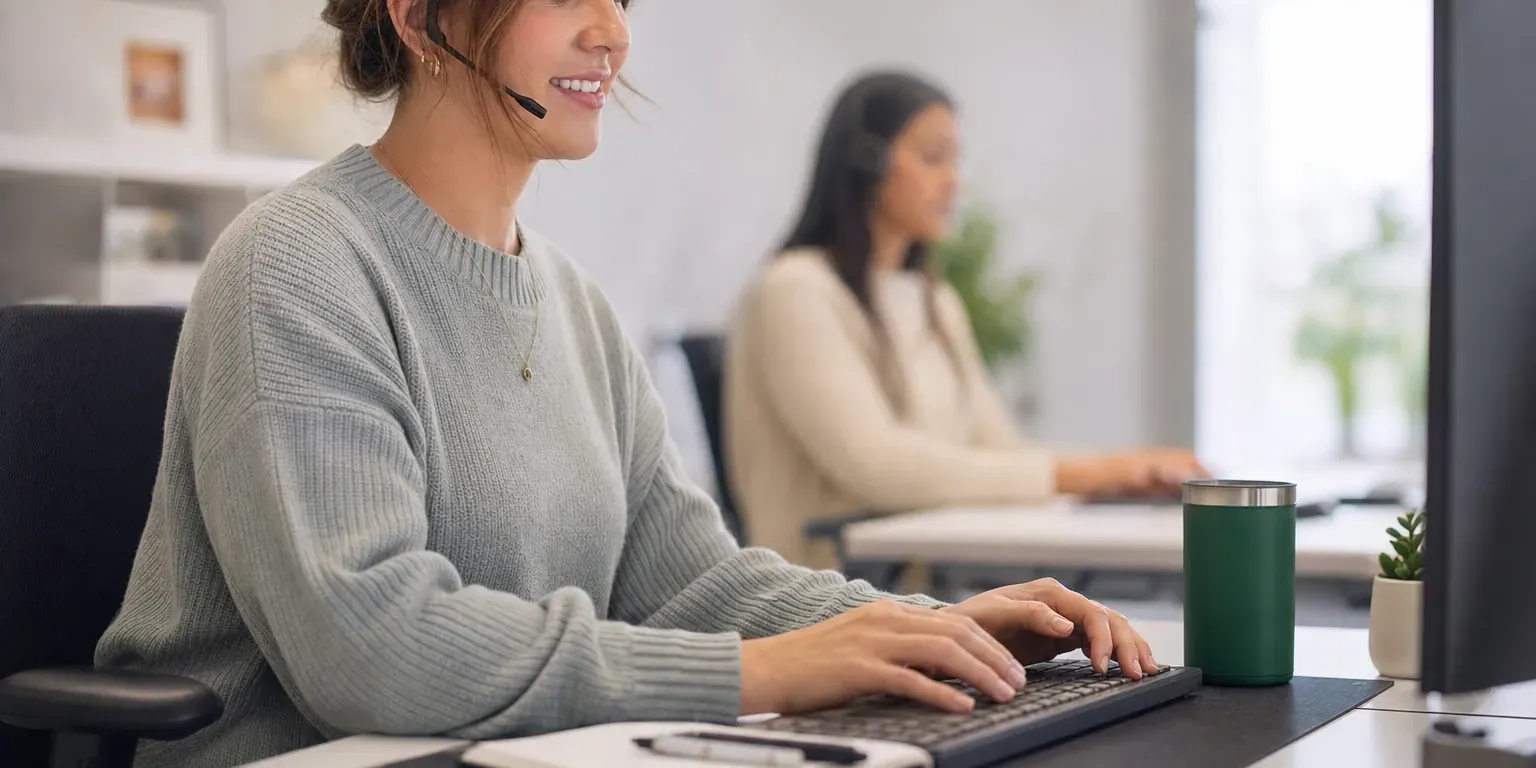 A friendly support specialist at a tidy desk wearing a headset, smiling while typing a reply.