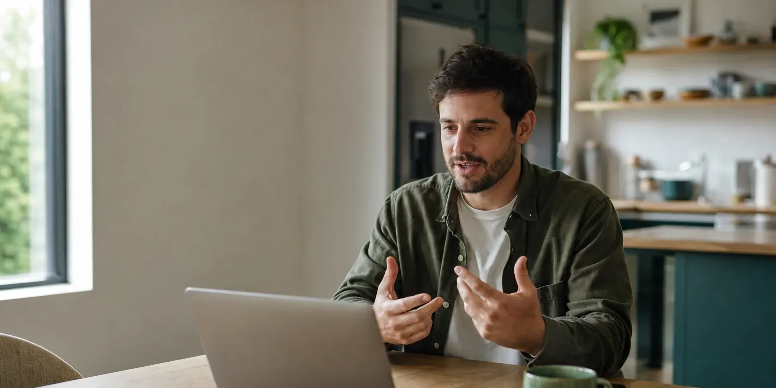 A participant taking an AI-curated video interview on a laptop at their kitchen table.