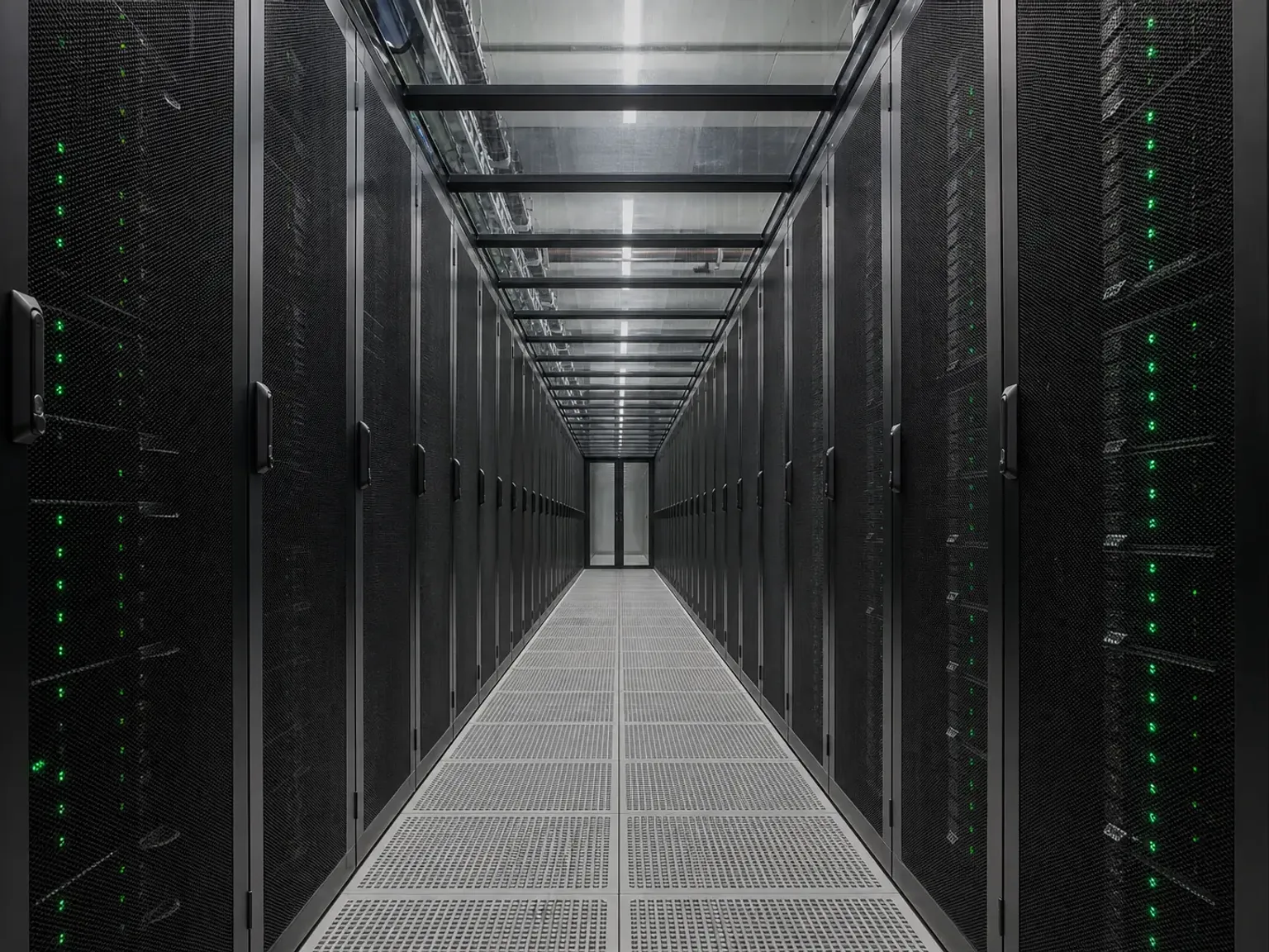 A modern data-centre cold aisle, a long row of server racks receding to a vanishing point with thin status LEDs glowing.